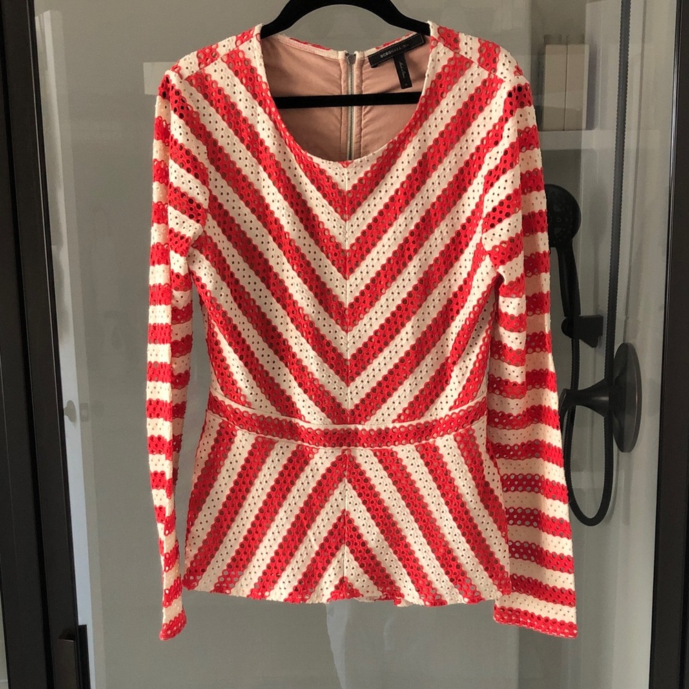 BCBG MAXAZRIA peplum top stretch zipper back M fall autumn chevron